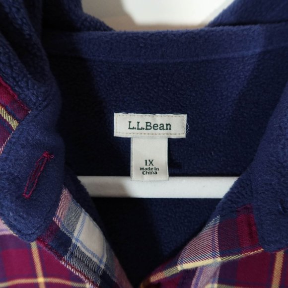 LL BEAN Hooded Burgundy Plaid Fleece Lined Flannel Shirt Shacket w/ Pockets 1X - Picture 6 of 7